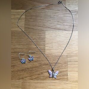 Y2K 925 Sterling Silver pink and blue butterfly necklace and drop earrings 🦋